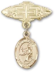 14K Gold Baby Badge with St. Luke the Apostle Charm and Badge Pin with Cross