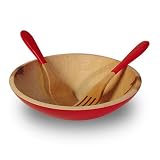 Wooden Salad Bowl - 12 Maple with Red Backside and Matching Salad Utensils