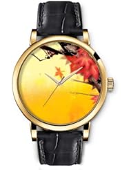 SPRAWL Aanalog Fashion Series Gold Ladies Watches of Genuine Black Leather Strap,Unique Wrist Watch for Women Girls Designed with Maple leaves on yellow background