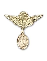 14K Gold Baby Badge with St. Vincent Ferrer Charm and Angel with Wings Badge Pin