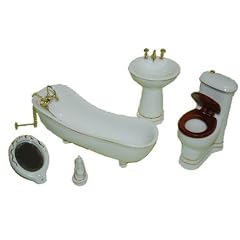5 tlg. Set Zubeh�r Bad Ma�stab 1:12 _ Porzellan Set Nostalgie Miniatur f�r Puppenstube Puppenhaus Badezimmer Toilette Badzubeh�r Badewanne WC Garnitur Waschbecken Klo Spiegel Klob�rste WC M�bel Keramik