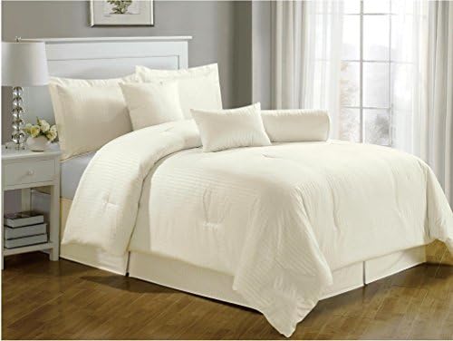 Chezmoi Collection 7-pieces Hotel Dobby Stripe Duvet Cover Set, King, Ivory