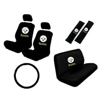 11 Piece NFL Auto Interior Gift Set - Pittsburgh Steelers - A Set of 2 Seat Covers, 1 Rear Bench Cover, 1 Steering Wheel, and A Set of 2 Seat Belt Pads