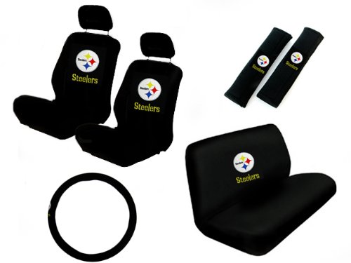 11 Piece NFL Auto Interior Gift Set - Pittsburgh Steelers - A Set of 2 Seat Covers, 1 Rear Bench Cover, 1 Steering Wheel, and A Set of 2 Seat Belt Pads