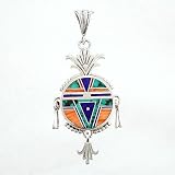 Turquoise, Lapis and Spiny Oyster Sunburst Round Yei Pendant by Ray Tracey in Sterling Silver, #8579