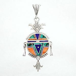 Southwestern Native American Handcrafted Turquoise, Lapis and Spiny Oyster Sunburst Round Yei Pendant by Ray Tracey in Sterling Silver, #8579