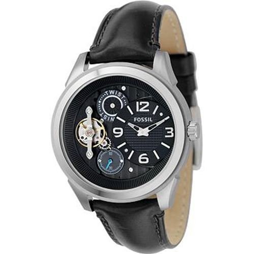 Fossil Men's ME1089 Black Leather Strap Textured Black Cutaway Analog Dial Watch