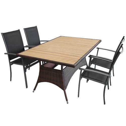 5tlg. Gartengarnitur Alu/Non Wood/Poly Rattan Tisch 150×96cm + Stapelstuhl