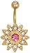 14KT Gold Plated 316L Surgical Steel Pave CZ Simulated Diamond Crystal Sun Flower Belly Ring
