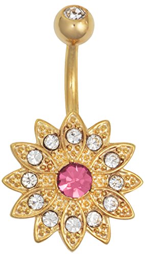 14KT Gold Plated 316L Surgical Steel Pave CZ Simulated Diamond Crystal Sun Flower Belly Ring