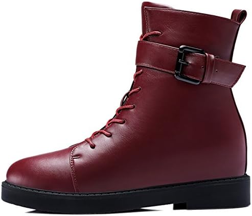 Womens Low Heel Leather Shoes Metal Buckle Lace Up Side Zipper Wine-red Mid-calf Warm Martin Boots EU37