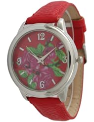 Geneva Floral Face Watch with Leather Band - Red!