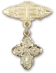 Gold Filled Baby Badge with 4-Way Charm and Badge Pin with Cross