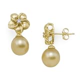 South Sea Golden Pearl Earrings with Diamond in 14K Yellow Gold