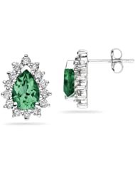 7X5mm Pear Shaped Emerald and Diamond Flower Earrings in 14k White Gold