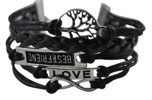 BlueTop(TM) Vintage Infinity Silver Karma Wish Tree Best Friend Love Black Leather Bracelet