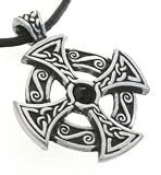 Pewter Solar Cross Pendant w/ Black Onyx Swarovski Crystal, Leather Necklace