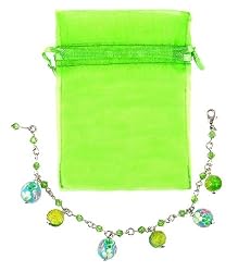 Bracelet - B273 - Lampwork, Crackle Glass and Swarovski (tm) Crystal Beads - Adjustable to Fit + Matching Organza Bag ~ Peridot (Lime Green)