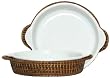 Woven Rattan Round Basket with White Ceramic Quiche Dish 11 3/4"D x 2 1/2"H