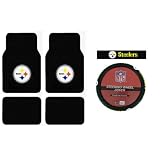 A Set of 4 Universal-Fit NFL Plush Carpet Floor Mats and Comfort Grip Steering Wheel Cover - Pittsburgh Steelers