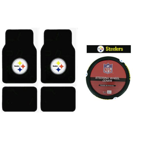 A Set of 4 Universal-Fit NFL Plush Carpet Floor Mats and Comfort Grip Steering Wheel Cover - Pittsburgh Steelers