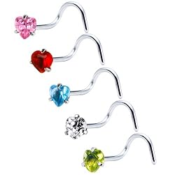 20 Gauge Stainless Steel Heart CZ Nose Ring Pack