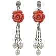 Red Coral Rose Cultured Pearl Droplet Platinum Overlay CAREFREE Sterling Silver Dangle Earrings