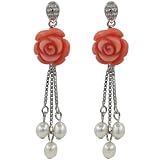 Red Coral Rose Cultured Pearl Droplet Platinum Overlay CAREFREE Sterling Silver Dangle Earrings