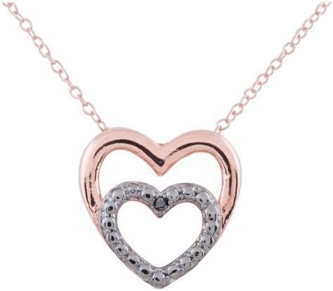 Sterling Silver Black & Rose Gold Plated Double Heart Pendant with 0.01ct Black Diamond Accent on a 18" Link Chain