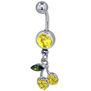 Pugster Mothers Day Gifts Christmas Gifts Yellow Crystal Cherry Piercing Bar Dangle Belly Button Navel Rings