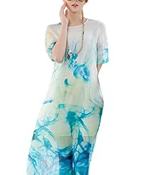Short Sleeves Round Neck Sheer Linen/Silk General Print  Dress