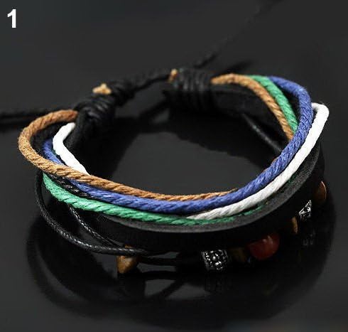 Adjustable Womens Mens Unisex Handmade Multilayer Leather Beads Rope Wrap Bracelet Bangle Chain Link Charms, Blue White Black Leather