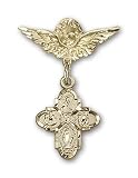 14kt Gold Baby Badge with 4-Way Charm and Angel w/Wings Badge Pin