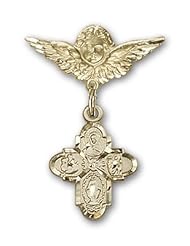14K Gold Baby Badge with 4-Way Charm and Angel with Wings Badge Pin