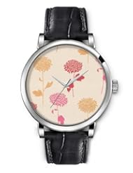 SPRAWL Aanalog Fashion Series Silver Ladies Watches of Genuine Black Leather Strap,Unique Wrist Watch for Women Girls Designed with Chrysanthemum flowers on beige background