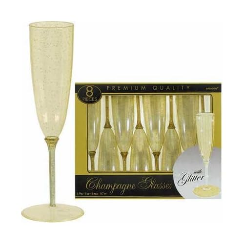Gold Glitter Plastic 5oz Champagne Glasses 8ct