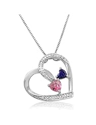 Created-Pink Sapphire, Amethyst and Diamond Double Heart Necklace in Sterling Silver