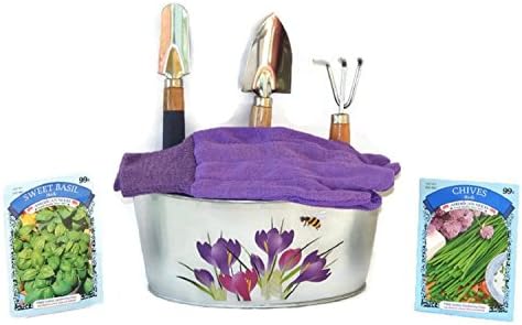 Indoor Herb Garden Bundle-7 Pieces, 3 Houseplant Tools - Cultivator, Spade & Trowel, 1 Aluminum Planter, 2 Packets of Seeds and 1 Set of Garden Gloves