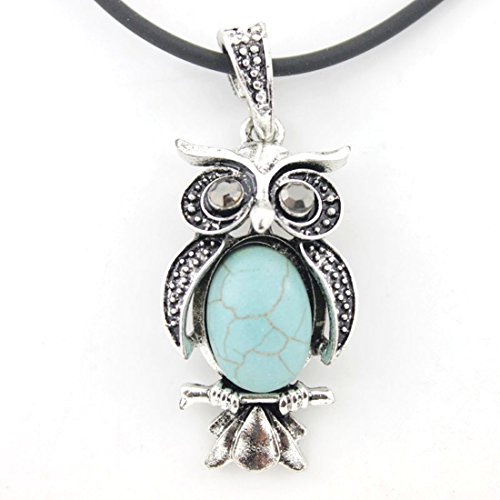 Vintage Feel Silver Tone Turquoise Stone OWL Pendant Necklace by JuliesJ