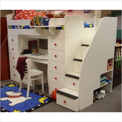 Sierra Twin Space Saver Loft Bed with Chests, Desk & Stairs Finish: White, Knob Color: Nutmeg
