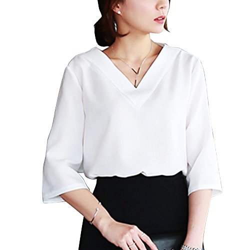 (ノーブランド品) トップス シフォン シフォントップス シンプル ベーシック 無地 シンプルトップス Vカット Vネック 透け感 七分袖 秋