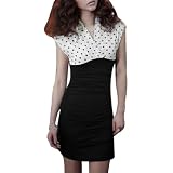 Allegra K Women Dots Print V Neck Short Sleeve Side Shirr Dress Black White XS