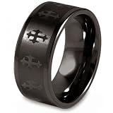 Black Plated Polished Tungsten Carbide Band with Laser Cross Design (10.0mm) - Sizes 8 - 13