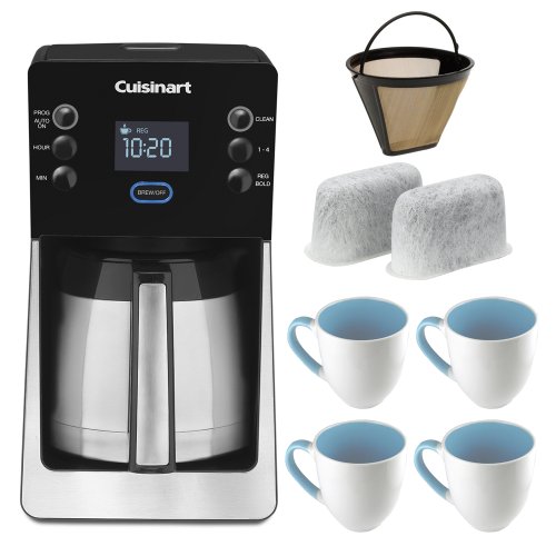 Cuisinart Perfectemp 12-cup Thermal Programmable Coffeemaker Bundle with 2-Pack of Cuisinart Replacement Water Filters + Cuisinart GTF Gold Tone Filter + Four Mad Stylz 16 oz. Stoneware Baby Blue Coffee Mugs
