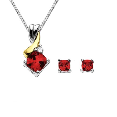 S&G Sterling Silver and 14k Gold Created Ruby and White Topaz Pendant and Earrings Set