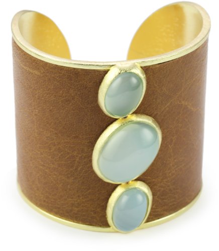Marcia Moran Blue Agate Stones and Brown Leather Cuff Bracelet