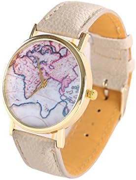 Nollimet Analog Design Style Water World Map Dial Classic Leather Quartz Watches Beige