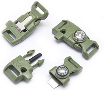 11 Pics Whistle Buckle Compass, 1/2" Whistle Buckles w/ Flint Fire Starter &amp; Striker for Paracord Bracelet Outdoor, Army Green