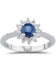 0.32 Cts Diamond & 0.48 Cts Blue Sapphire Ring in 14K White Gold