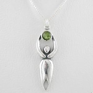 Celestial Lunar Goddess Pendant in Sterling Silver with a Peridot Gemstone Moon on a 16" Box Chain, #8722
